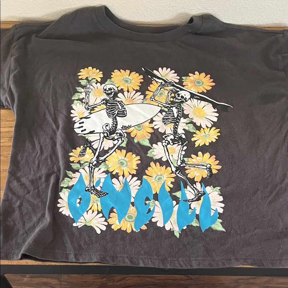 O'Neill Charcoal Kids Tee with Skeleton and Floral Design